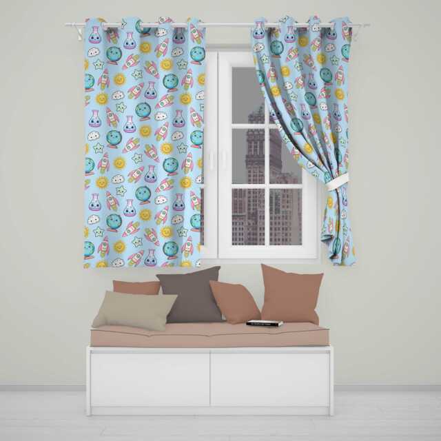 Cute Kawaii Space Rockets Planets Globes Suns Stars Blue Seamless Pattern Readymade Eyelet Ring Top Thermal 100% Blackout Curtains - image 1