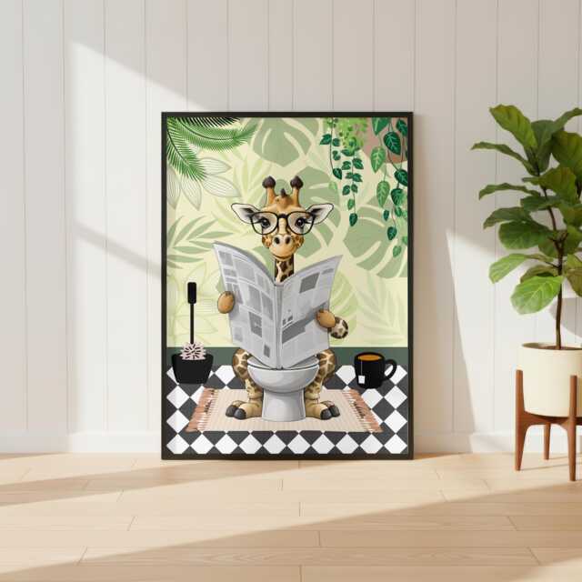 Giraffe On The Toilet in A Green Bathroom Print. Funny Animal Bathroom Prints - image 1