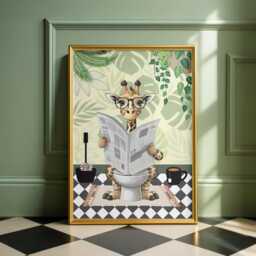 Giraffe On The Toilet in A Green Bathroom Print. Funny Animal Bathroom Prints - thumbnail 3