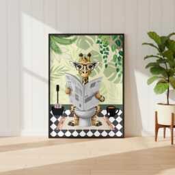 Giraffe On The Toilet in A Green Bathroom Print. Funny Animal Bathroom Prints - thumbnail 1