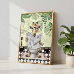 Giraffe On The Toilet in A Green Bathroom Print. Funny Animal Bathroom Prints - thumbnail 2