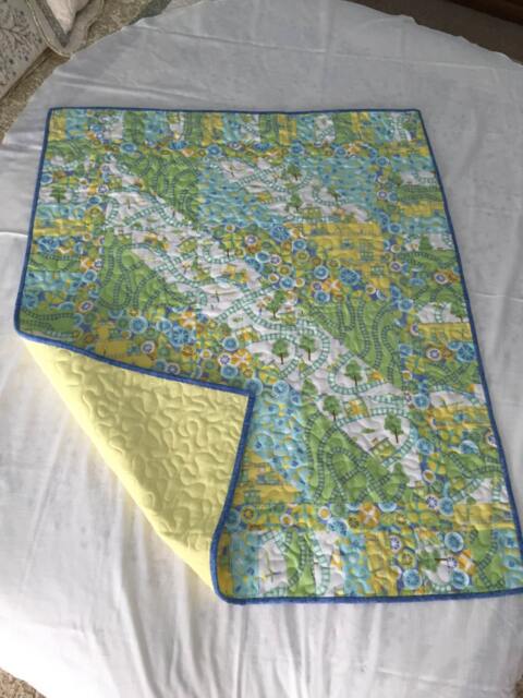Train Quilt, Baby Blanket, Quilt, Pastel, Trains, Green, Yellow, Blue, Burp Cloth, Receiving Homemade, Flannel - image 1