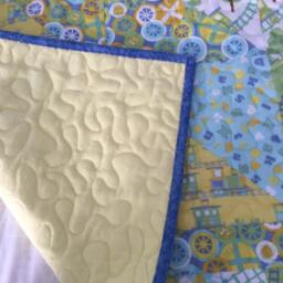 Train Quilt, Baby Blanket, Quilt, Pastel, Trains, Green, Yellow, Blue, Burp Cloth, Receiving Homemade, Flannel - thumbnail 3
