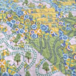 Train Quilt, Baby Blanket, Quilt, Pastel, Trains, Green, Yellow, Blue, Burp Cloth, Receiving Homemade, Flannel - thumbnail 2