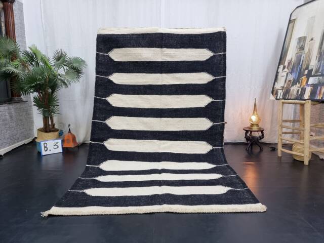 Moroccan Kilim Rug, Moroccan Wool Rug, Berber Azilal Flat Black & White Striped Handwoven Flatweave Area Rug - image 1