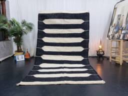 Moroccan Kilim Rug, Moroccan Wool Rug, Berber Azilal Flat Black & White Striped Handwoven Flatweave Area Rug - thumbnail 1