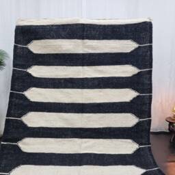 Moroccan Kilim Rug, Moroccan Wool Rug, Berber Azilal Flat Black & White Striped Handwoven Flatweave Area Rug - thumbnail 2