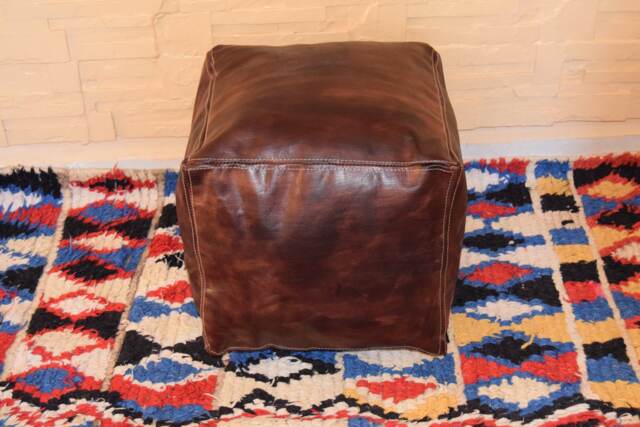 Moroccan Leather, Ottoman Square Dark Tan Pouf, Handmade Pouf, Footstool, Furniture, Boho Ottoman, Leather Gift - image 1