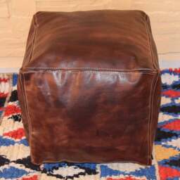 Moroccan Leather, Ottoman Square Dark Tan Pouf, Handmade Pouf, Footstool, Furniture, Boho Ottoman, Leather Gift - thumbnail 2