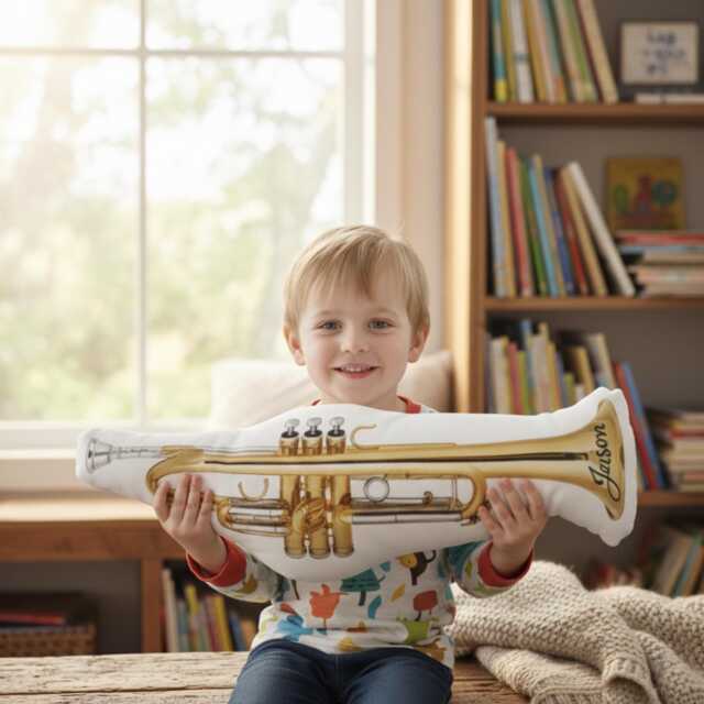 Custom Trumpet Plush Pillow Personalized Musical Instrument Music Room Decor - image 1