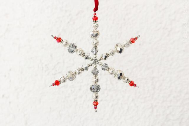 Sparkling Beaded Suncatcher Snowflake - Reflective Red & Silver Christmas Ornament Seasonal Gift For Mom Winter Home Decor - image 1