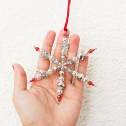 Sparkling Beaded Suncatcher Snowflake - Reflective Red & Silver Christmas Ornament Seasonal Gift For Mom Winter Home Decor - thumbnail 3