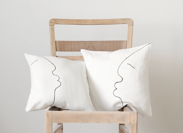 Japandi Style Linen Scatter Pillow Cover With Minimalist Black One Line Kiss Face - image 1