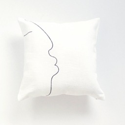 Japandi Style Linen Scatter Pillow Cover With Minimalist Black One Line Kiss Face - thumbnail 2