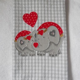Valentine's Day Hand Towel Appliqued Elephants On Gray Gingham - thumbnail 4