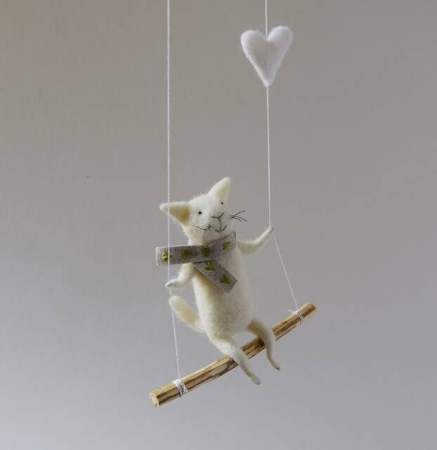 Cat On Swing, White Needle Felted Cat, Nursery Decoration, Baby Crib Mobile, Toy, Mobile - image 1