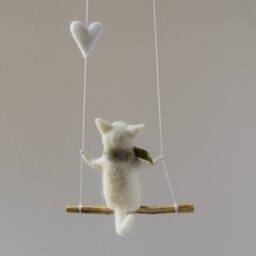 Cat On Swing, White Needle Felted Cat, Nursery Decoration, Baby Crib Mobile, Toy, Mobile - thumbnail 4