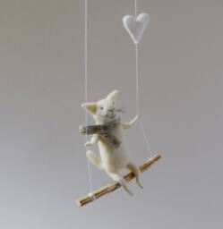 Cat On Swing, White Needle Felted Cat, Nursery Decoration, Baby Crib Mobile, Toy, Mobile