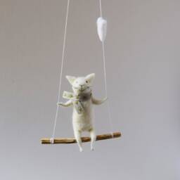 Cat On Swing, White Needle Felted Cat, Nursery Decoration, Baby Crib Mobile, Toy, Mobile - thumbnail 2