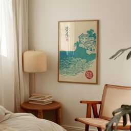 Japanese Coastal Village Poster - Teal Woodblock Seascape Vintage Wall Art - thumbnail 2