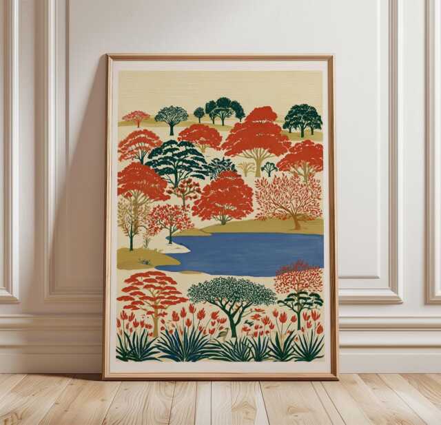 Autumn Woodland Lake Poster, Forest Landscape Wall Art, Nature Print - image 1