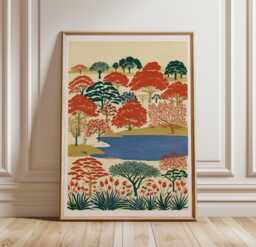 Autumn Woodland Lake Poster, Forest Landscape Wall Art, Nature Print - thumbnail 1