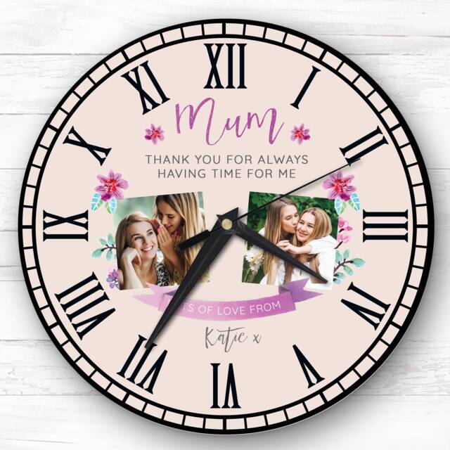 Mum Photo Banner Flowers Neutral Personalised Gift Clock - image 1