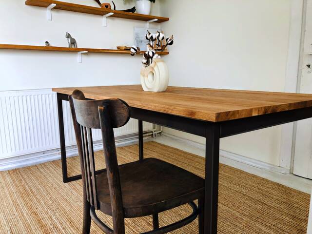 Extendable Modern Dining Table, Industrial Black Frame Loft Scandinavian Solid Oiled Oak Table - image 1
