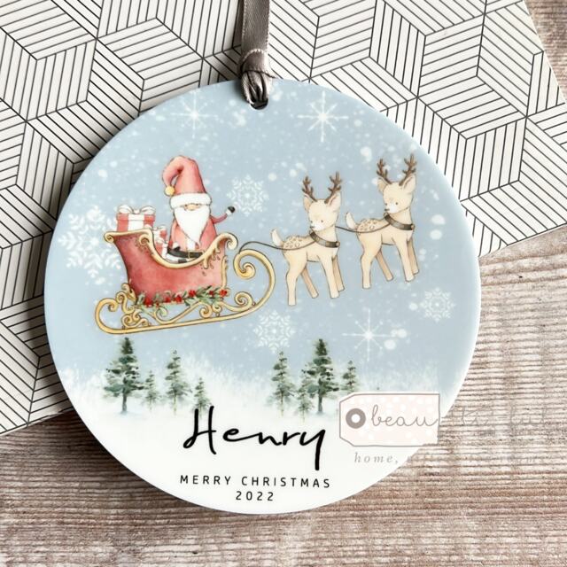 Personalised Merry Christmas Tree Santa Sleigh Gift Bauble Acrylic Or Ceramic Round Ornament Keepsake Decoration - image 1