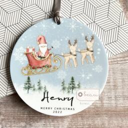 Personalised Merry Christmas Tree Santa Sleigh Gift Bauble Acrylic Or Ceramic Round Ornament Keepsake Decoration - thumbnail 1