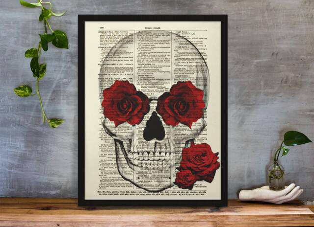 Skull & Roses Art Print Macabre Botanical Decor On 1897 Dictionary Page - image 1