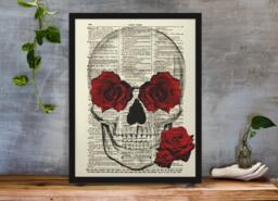 Skull & Roses Art Print Macabre Botanical Decor On 1897 Dictionary Page - thumbnail 1