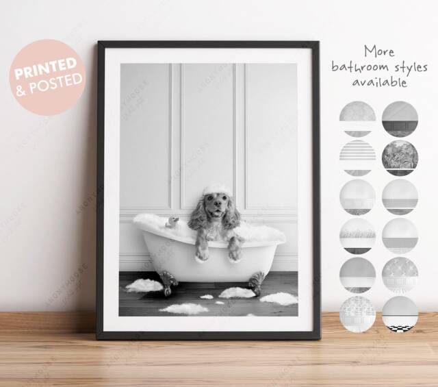 Black & White Print Apricot Cocker Spaniel Dog in A Bath Print, Bathing, Funny Bathroom Animal Bathtub, Dog Tub - image 1