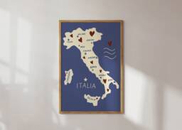 Italy Map/Illustration Art Print Dolce Vita Map, Wall Art, Travel Gift, Hearts, Blue - thumbnail 1