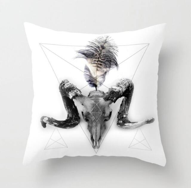 Boho Throw Pillow Ram Skull & Feathers Black White , Bohemian Decor, Pillow, Cushion Cover, Festival