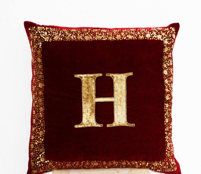 Velvet Monogram Pillow Covers, Maroon Cushion Gold Sequin Letter - image 1