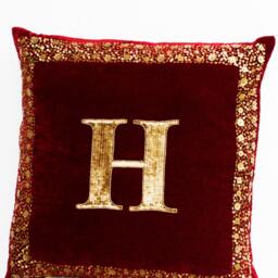 Velvet Monogram Pillow Covers, Maroon Cushion Gold Sequin Letter - thumbnail 2