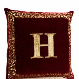 Velvet Monogram Pillow Covers, Maroon Cushion Gold Sequin Letter - thumbnail 3