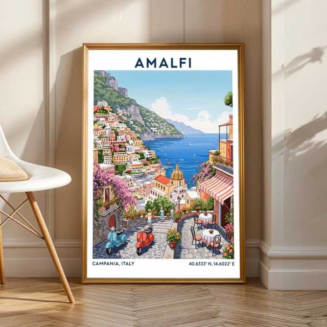 Amalfi Coast Art Print Italian Travel Poster, Mediterranean Coastal Scene - image 1