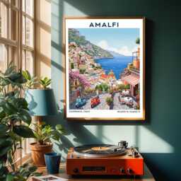 Amalfi Coast Art Print Italian Travel Poster, Mediterranean Coastal Scene - thumbnail 2