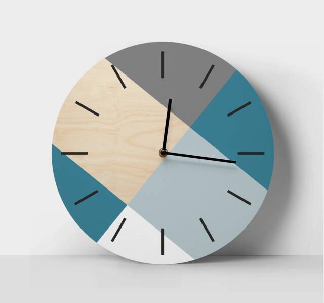 Turquoise Wall Clock Teal Blue Art Color Block Design Round Wooden - image 1