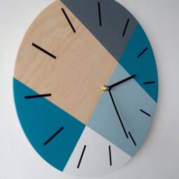 Turquoise Wall Clock Teal Blue Art Color Block Design Round Wooden - thumbnail 3