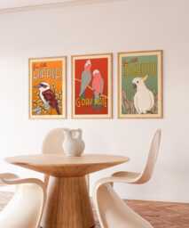 Australian Birds Retro Art Print Trio - Kookaburra, Galah, Cockatoo