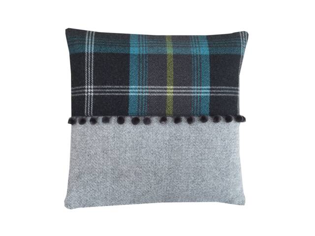 Balmoral Tartan Plaid Pompom Cushion Cover Teal, Black & Gray Pillow Sham - image 1