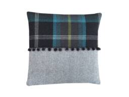 Balmoral Tartan Plaid Pompom Cushion Cover Teal, Black & Gray Pillow Sham - thumbnail 1