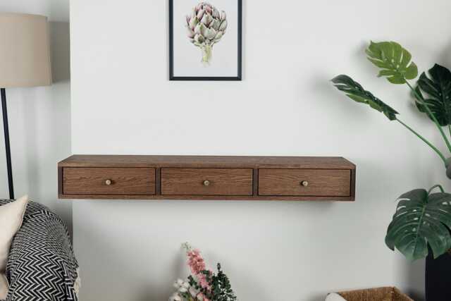 Solid Oak Floating Console Table With 3 Drawers - Modern Entryway Storage - image 1