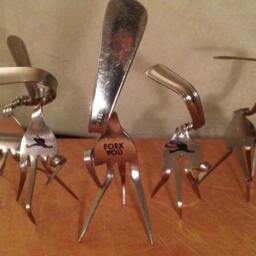 The Fork You Sculpture With Wood Pizza Slice Stand - thumbnail 4