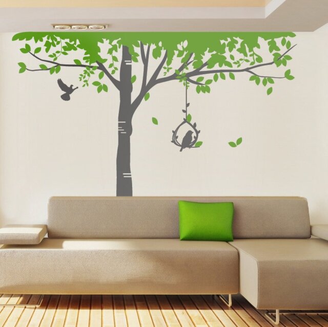 Tall Birch Tree Vinyl Wall Decal With Birds - 112 X 98 Inches - image 1