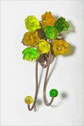 Wall Hooks Decorative Leave With Green Resin Flowers For Key, Towels