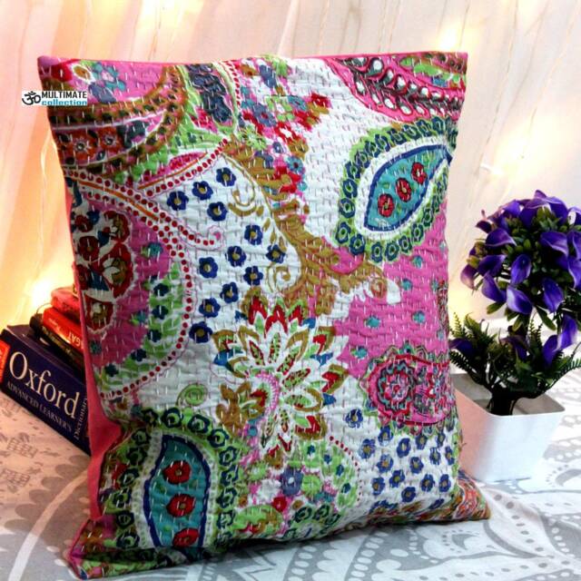 Floral Kantha Pillow Cover Bohemian Embroidered Cushion - 24x24 - image 1